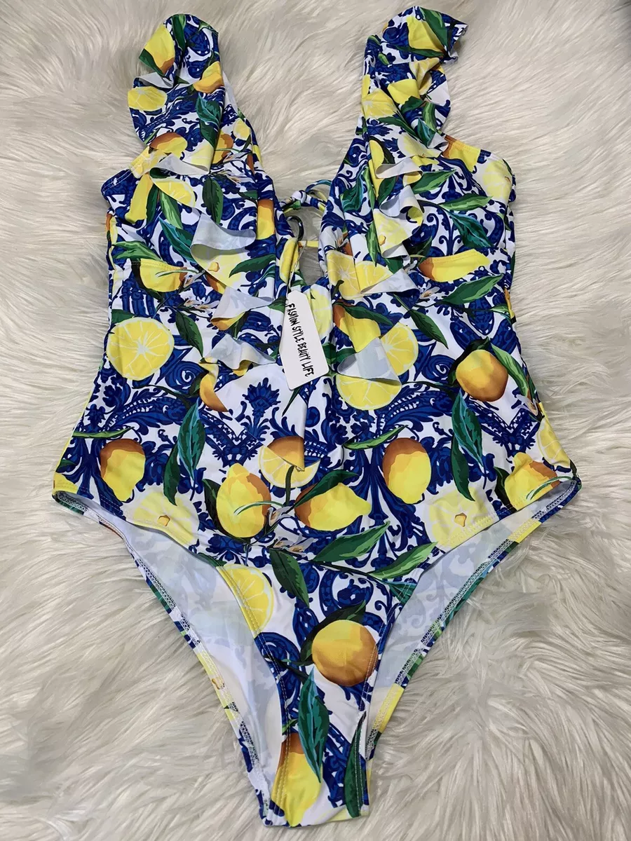 SPORLIKE Women's One Piece Swimsuit V-Neck Ruffle Lemon Print Size