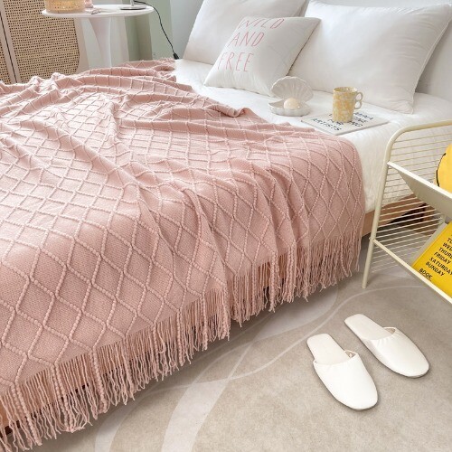 Knitted Blanket Nordic Plain Bed Decor Thread Blankets with Tassel Sofa Plaids - Picture 18 of 33