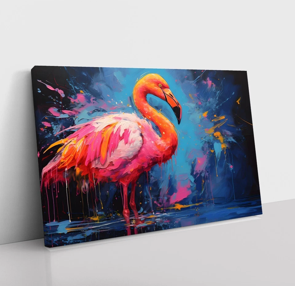 Impresión de pintura al óleo de flamenco enmarcado lienzo arte de pared decoración pájaros coloridos rosa Foto 2 de 4