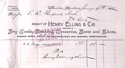 1892 Henry Elling & Co Clothing Groceries Boots Shoes  Billhead SHERIDAN MT