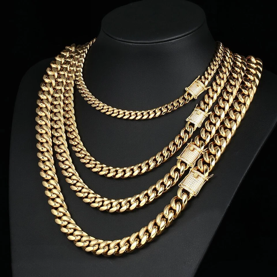 14k Gold Plated Stainless Steel Miami Cuban Link Bracelet Or Chain with CZ Clasp - Image 3 of 4