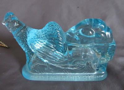 Vintage Aqua Blue Glass Chicken w/egg cart Happy Easter Happy Spring statue