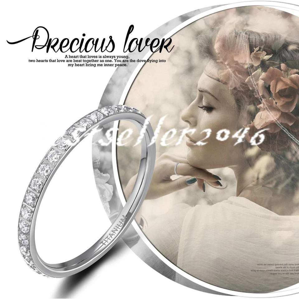 2mm Women Gold Plated Titanium Engagement Ring CZ Eternity Wedding Band Sz# 4-12 - Image 4 of 4