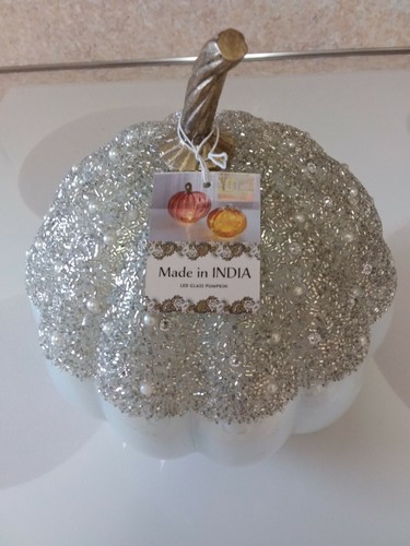 White Iridescent Light Up 9" Glass Pumpkin with Silver Beads and Pearls - Picture 2 of 9