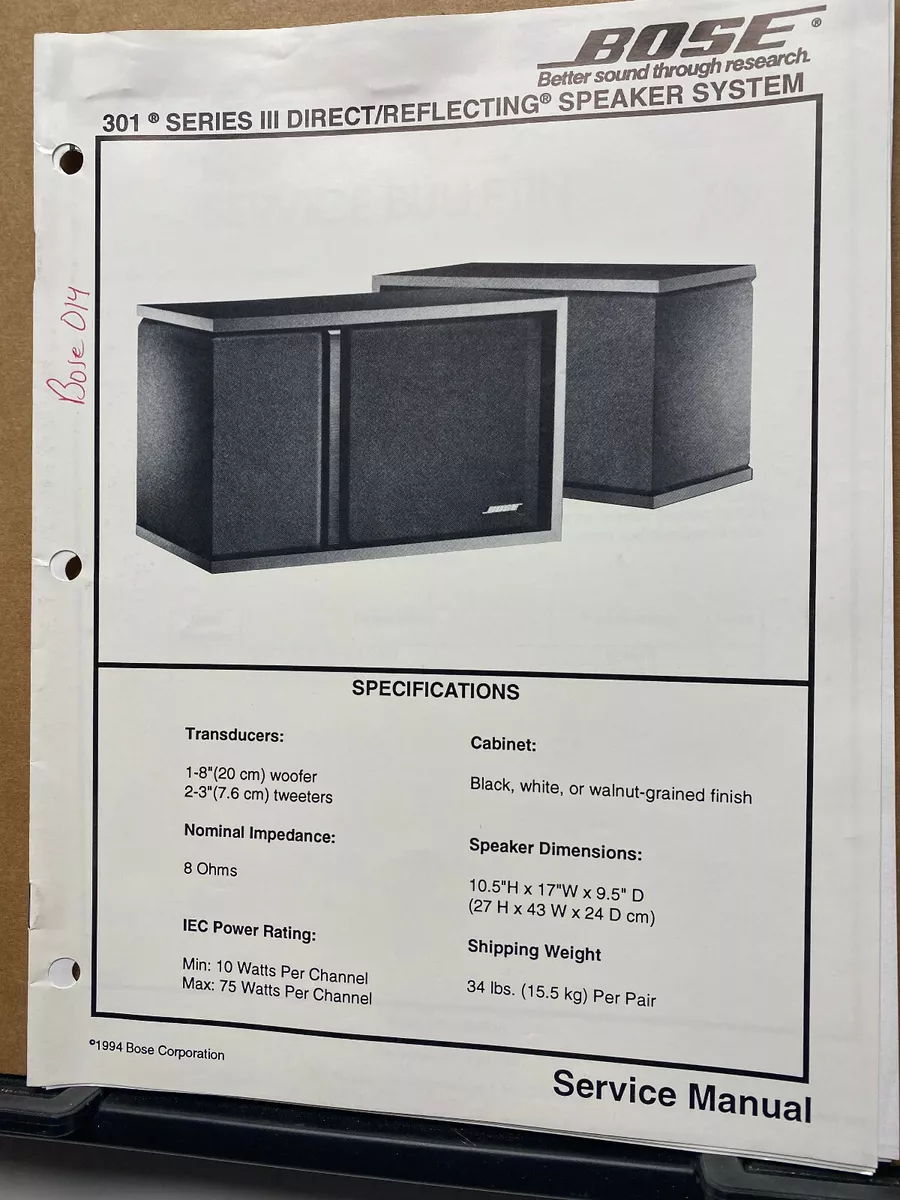 Service Manual for Bose 301 III Sonata & AVM & Limited Edition Speaker  Systems