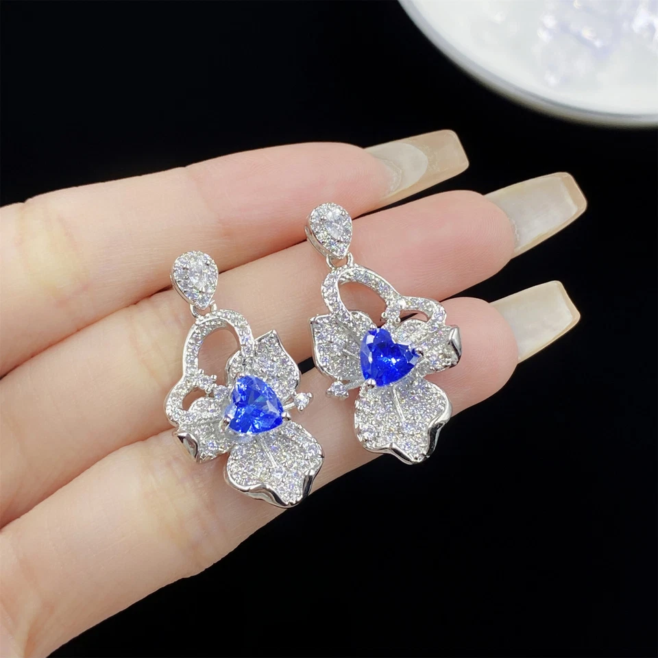 New Flower Design Heart Royal Blue Topaz Gemstone Women Silver Dangle Earring - Image 4 of 4