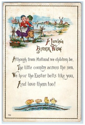 c1910's Easter Dutch Couple Kissing Basket Eggs Windmill Chicks Antique Postcard