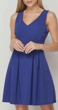 NWT TEEZE ME BLUE JEAN 3 4 3/4 V-NECK PLEATED FIT FLARE SHORT ZIP BACK TEA DRESS