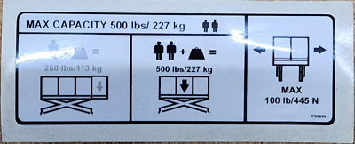 GENUINE JLG SCISSOR PLATFORM 500LB(227KG) LIFT CAPACITY DECAL