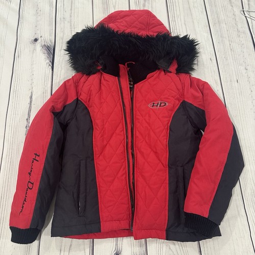 Harley Davidson Womens Small Red Black Quilted Down Feather Jacket Logo Biker