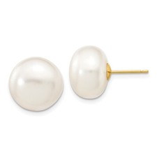 14k Yellow Gold 12-13mm White Button Cultured Pearl Stud Earrings 0.1gm