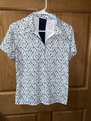 LILLIE GREEN Womens Golf Polo Shirt Med Short Sleeve White Golf Ball Top
