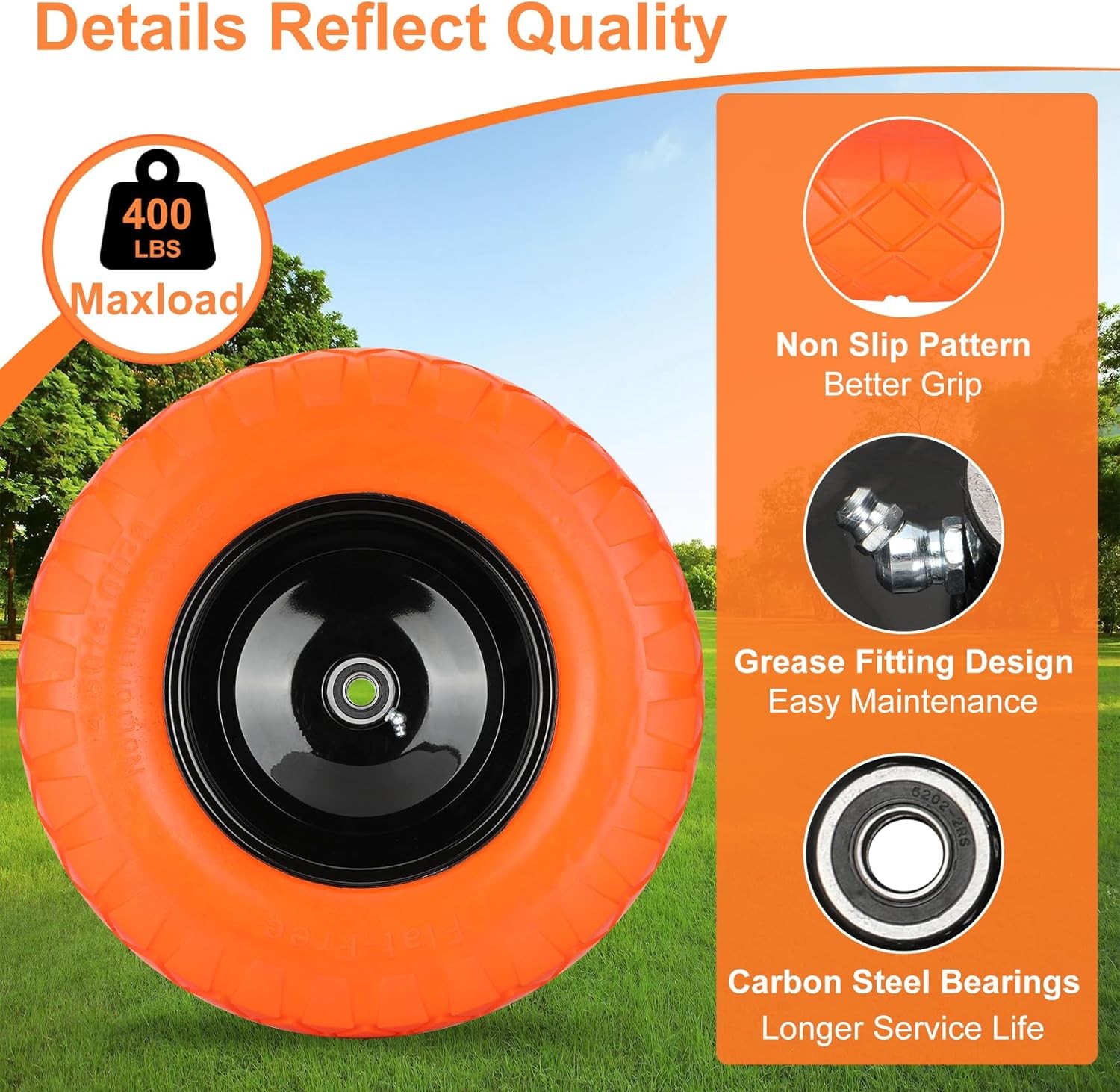 Upgraded 16" Flat Free Wheelbarrow Wheels and Tires, 4.80/4.00-8 Solid Tires