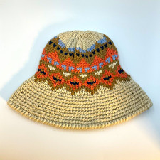 Women s Beige Brown Knit Bucket Hat Fair Isle Wide Brim, One Size