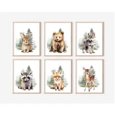 Woodland Animal Nursery Wall Art Decor Set of 6 Baby Boys Room Wall Art Fores...