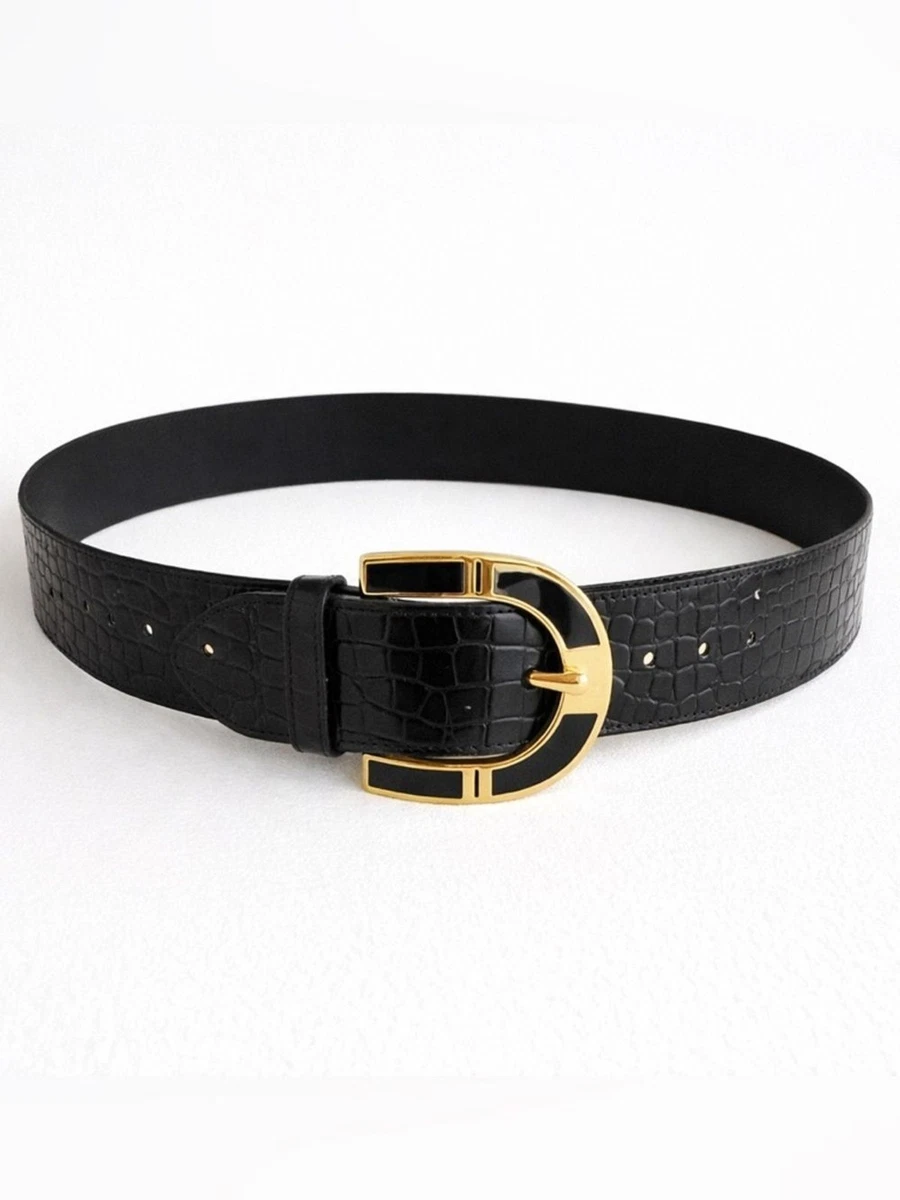 Vintage Graham & Gunn Black Embossed Leather Wide High Waist Belt Large Buckle S s-l400.jpg main image 3