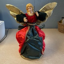 Vintage 90s 1990s Paper Mache Angel Christmas Tree Topper  12&rdquo; Red Green