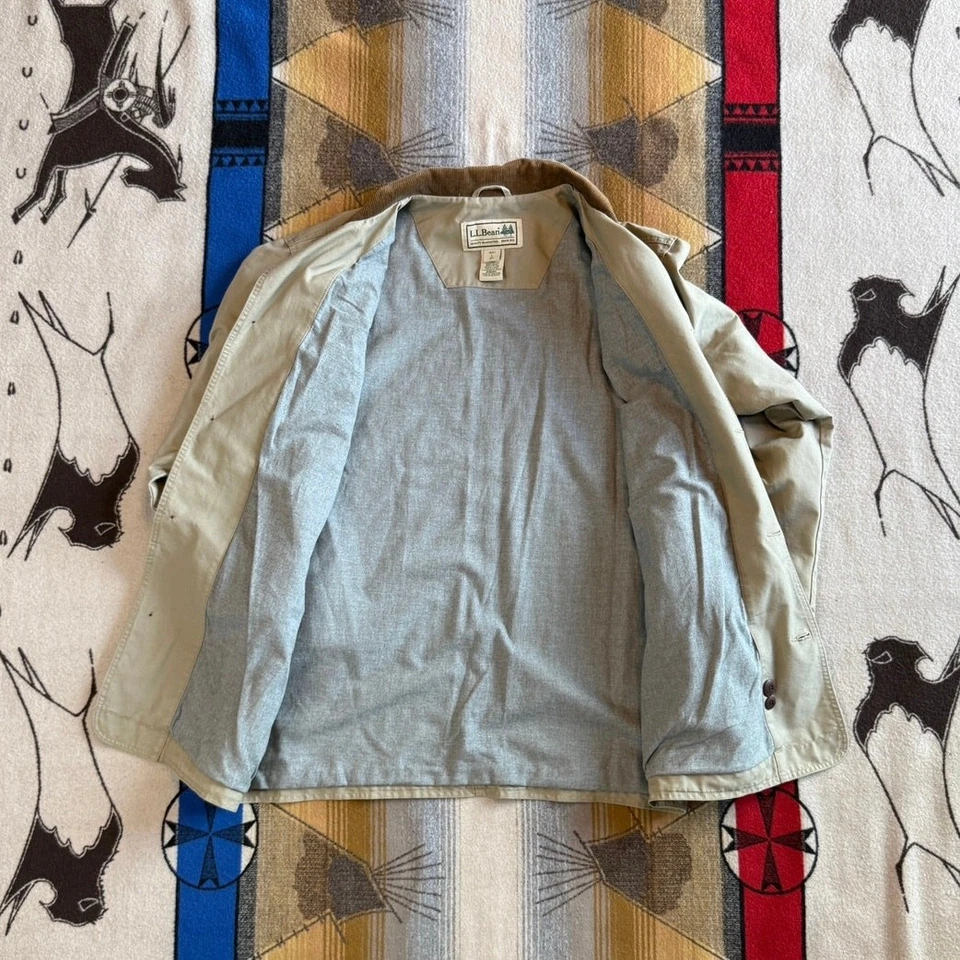 Vintage LL Bean Barn Jacket Mens Large Tan Canvas Chore Field Coat Corduroy Trim - Image 3 of 4