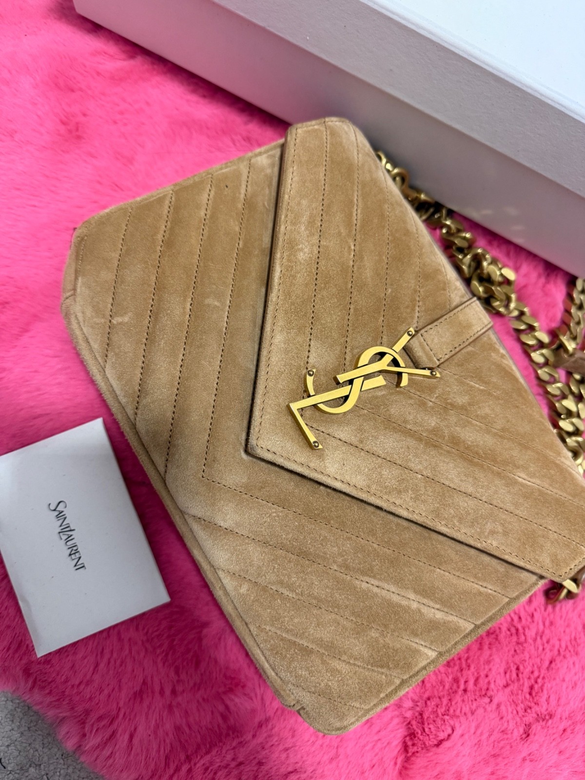 Saint Laurent YSL Medium College Shoulder Bag Camel Suede – Full Set