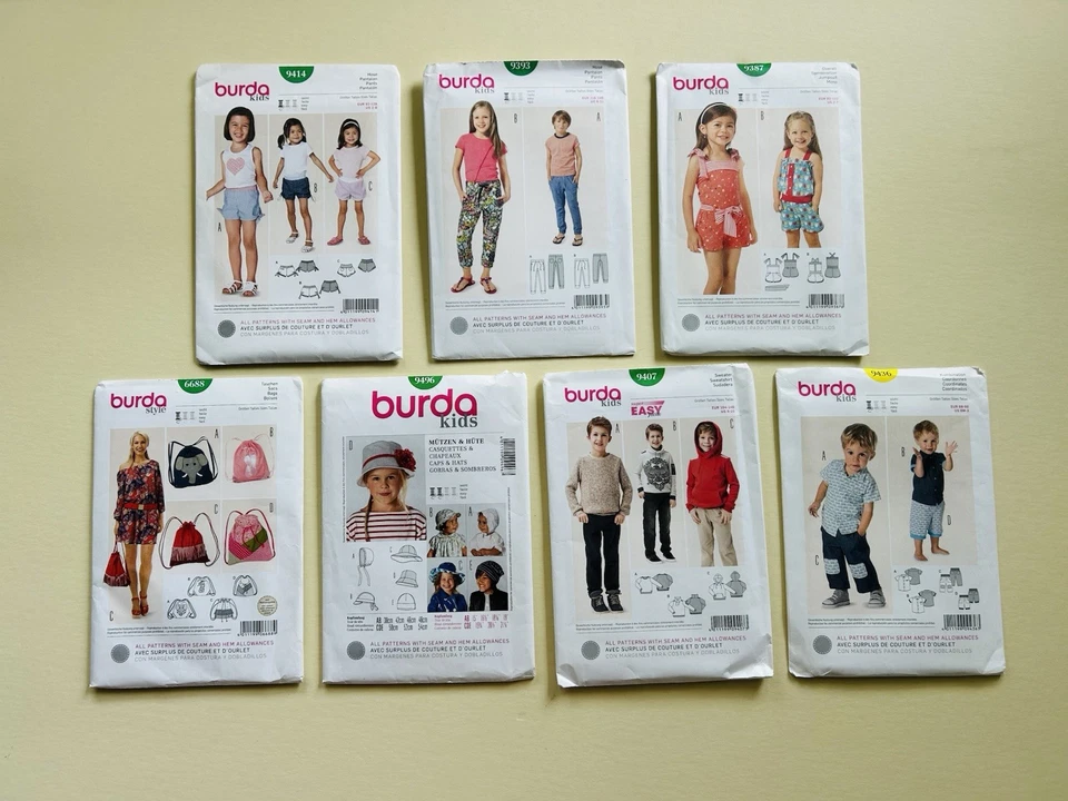 Burda Kids Sewing Patterns Lot Of 7 Shorts Pants Shirt Bag Hats Boys Girls Sew - Image 2 of 4