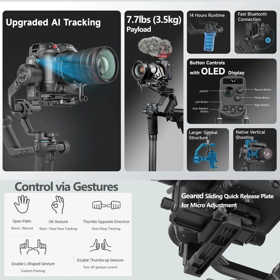 Feiyu SCORP-C2 AI Tracking Camera Gimbal Stabilizer for DSLR/Mirrorless 7.7lb - Image 2 of 4