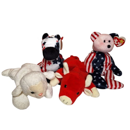 TY Beanie Baby Lot Of 4 Vintage  American Flag Red White Blue Cow Horse Lamb
