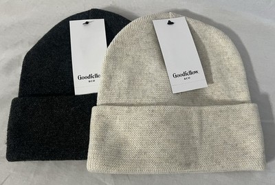 Two (2) Toboggan Beanie Hat Skull Caps, Goodfellow & Co, Gray & Off White