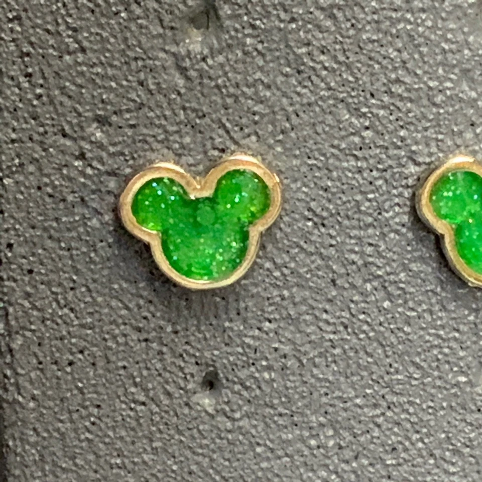 Disney Pierced Stud Earrings 0.5 In Mickey Mouse Ears Silver Green Sparkly Glam - Image 2 of 4
