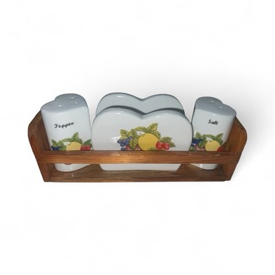 Heart Shaped Salt/Pepper Shakers & Napkin Holder Fruit Painted 70s Wooden Keeper