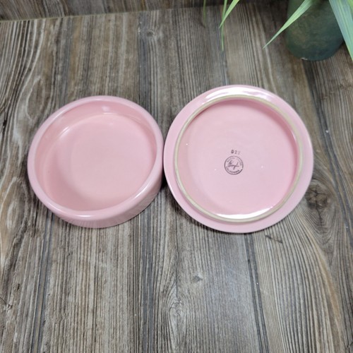 Vintage Powder or Trinket Box, Pink Ceramic Round, Flowers & Rhinestones - 第 3/7 張圖片