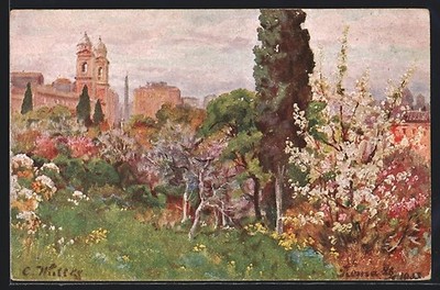 Künstler-AK Roma, Primavera sul Monte Pincio, Chiesa di Trinità de´ Monti 