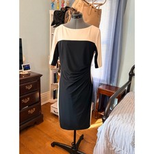 Chaps Sheath Dress L Black Cream Colorblock Ruched Elbow Sleeve Chic Work Office