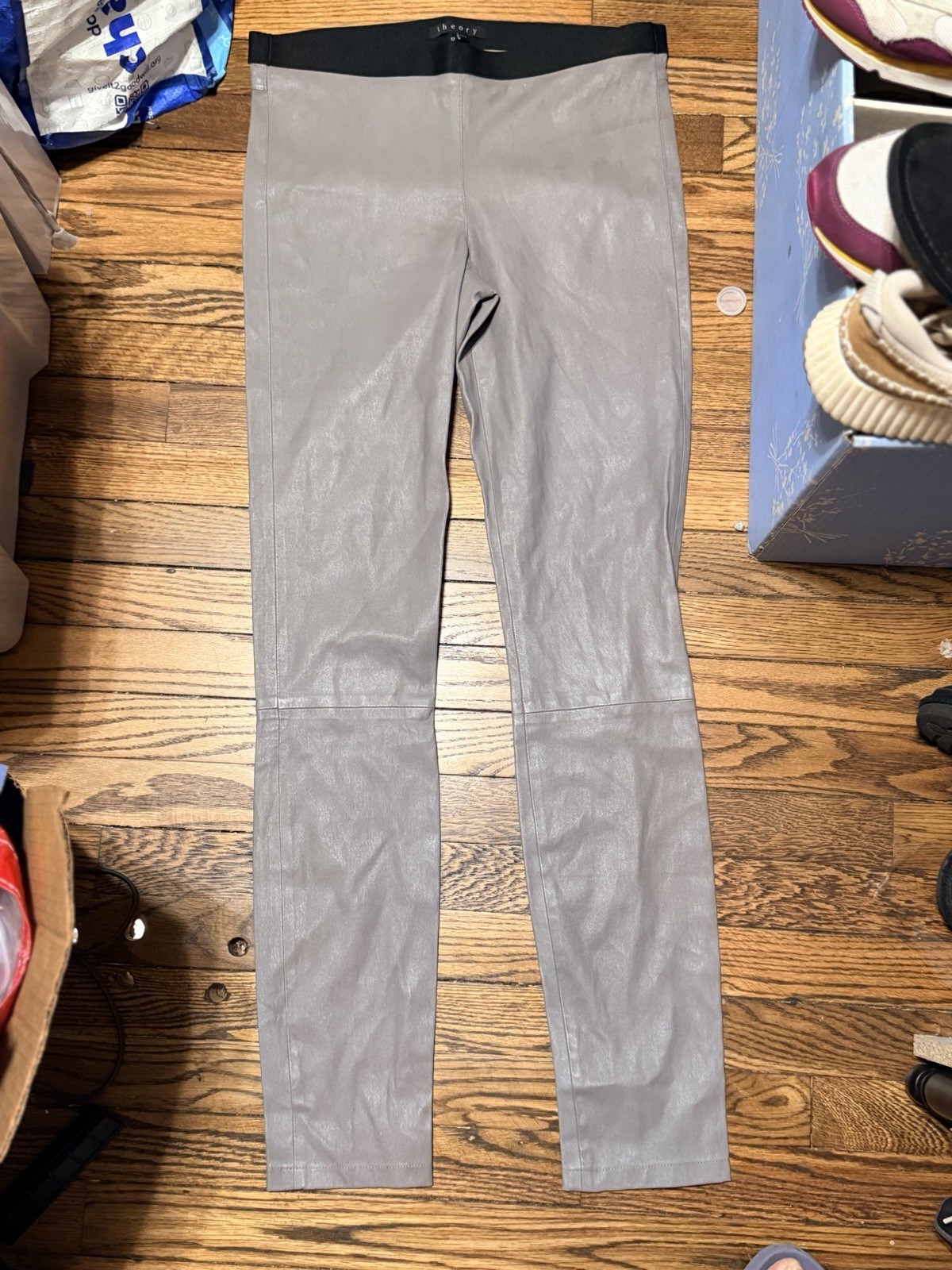 Theory Womens Size 12 Taupe Gray Lamb Leather Skinny Pants Leggings NWT image 2