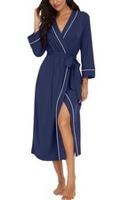 PrinStory Robes for Women 3/4 Sleeve Long Bath Robe Navy Large, Blue