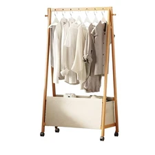 Bamboo Clothing Rack with Top Hanging Garment Rod, 2 Side Hooks & Bottom Fabr...
