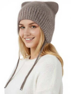 Warm Plush Rabbit Hair Hat Cat Beanie, Double-Layer Windproof Knit Hat for Wo...