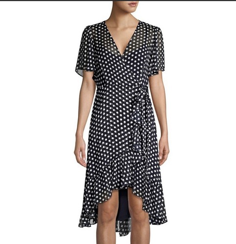 CALVIN KLEIN Women Polka Dots Ruffled Wrap Black Midi Dress Spring Ruffle  Sz 8 | eBay
