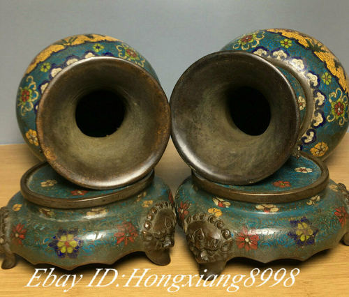 Qianlong Marked Cloisonne Bronze Lion Head Base Flower Bird Vase Bottle Pair - Picture 8 of 9