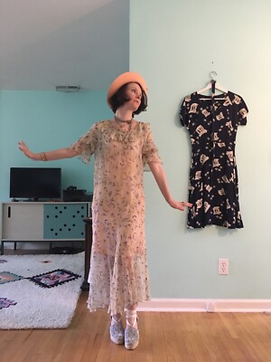 1920s 1930s Deco Silk Chiffon Abstract Print Maxi Gown Dress Small