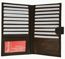 Genuine Leather Credit Card Holder Wallet 19 Card Slots + ID Window & Snap Brown