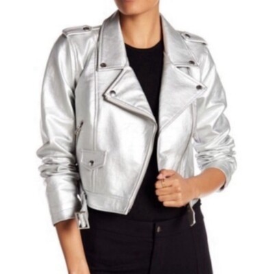 Debby Collection Silver Belted Moto Crop Metallic Leather Jacket, Size S