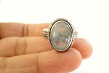 Rainbow Moonstone Solitaire Ornate Edged 925 Sterling Silver Ring Size 6 3/4