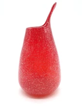 Vase Hand Blown Red Art Glass Stretched Pointed Tip Seeded Bubbles 6.5" 