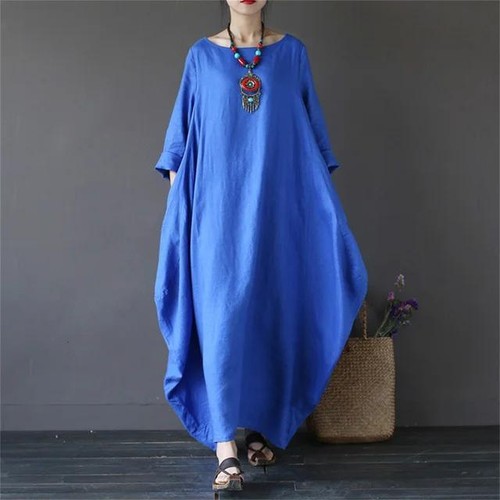 Women's Kaftan Batwing Loose Long Maxi Shirt Dress Linen Cotton Robes Tops Gown - Picture 14 of 17