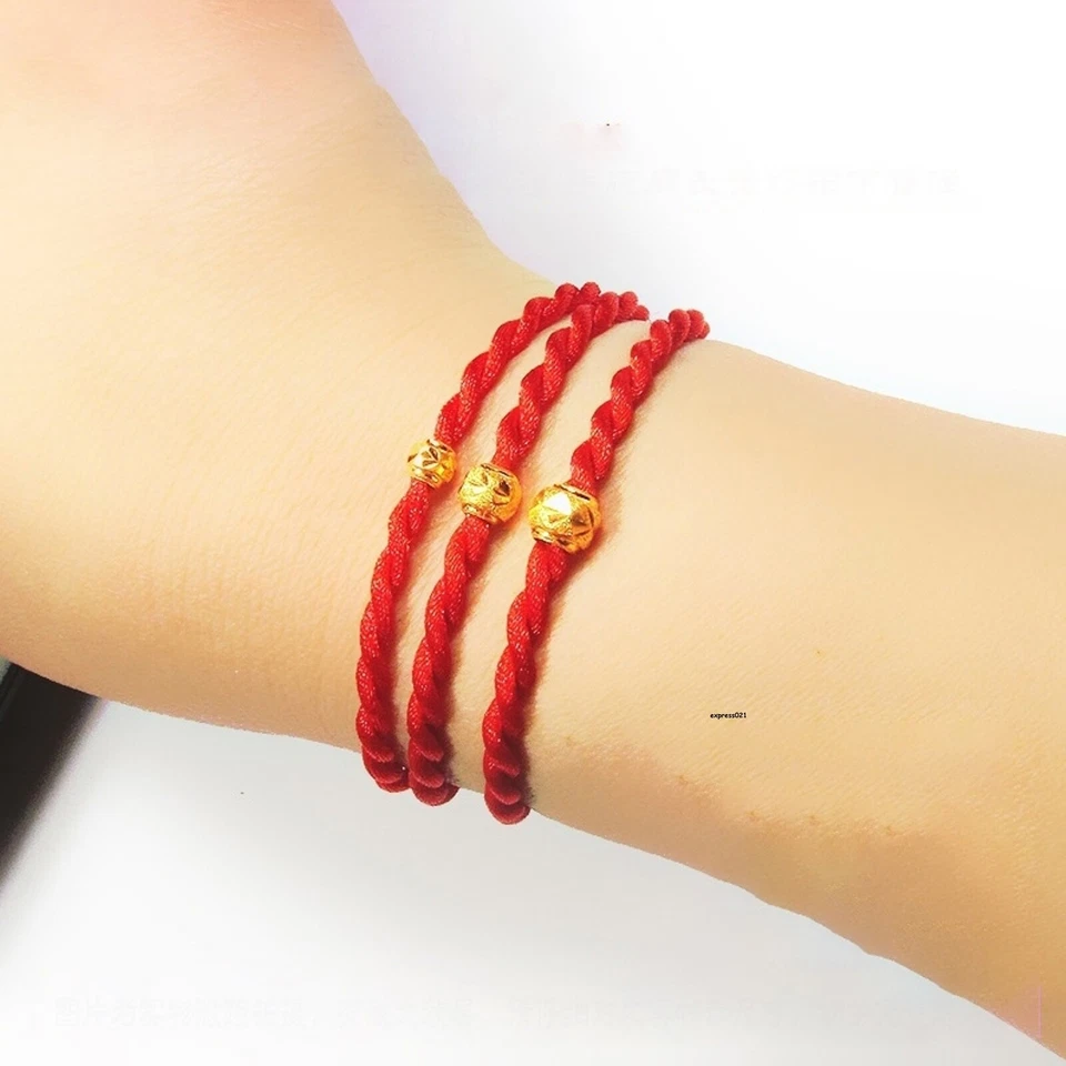 Pure 999 24k Yellow Gold Round Bead Red Cord String Braided Twist Bracelet 0.35g - Image 4 of 4