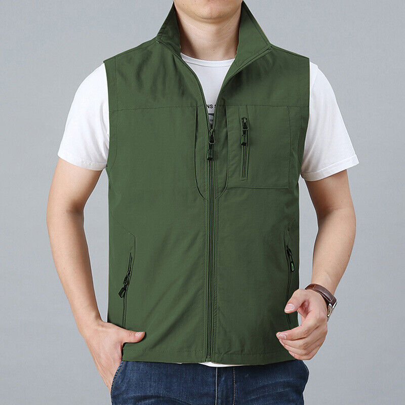 Men Utility Gilet Waistcoat Vest Sleeveless Jacket Breathable Tops Slim Zip