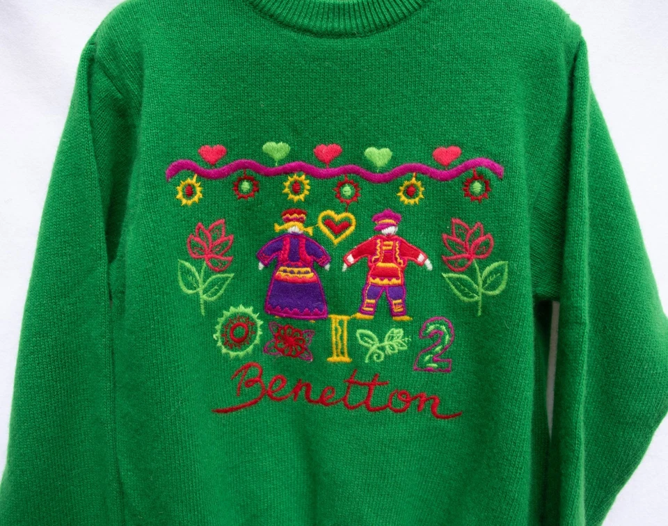 Vtg Benetton Sweater Kids 012 Green Embroidered Folk Motif Wool Girls Colorful - Image 2 of 4