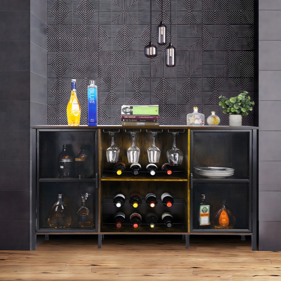 Wine Bar for Liquor and Glasses w/Glass Holder and Sliding Wine