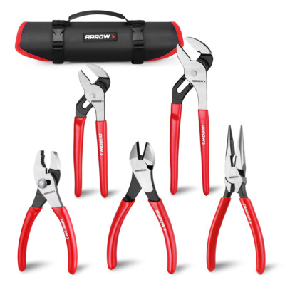 ARROW 5PC Plier Set 8'' 10'' Groove Joint 6'' Slip Joint 7'' Diagonal 8'' Needle Nose