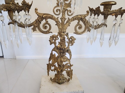 VINTAGE ORNATE 3 PCS. SET GILT BRASS GIRANDOLE CANDELABRA W PRISMS MARBLE BASES - Picture 4 of 10